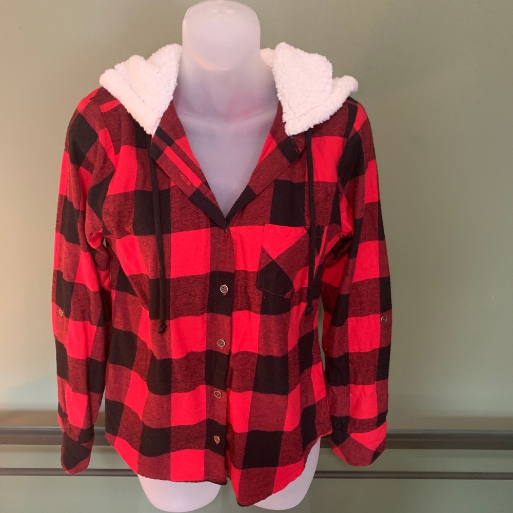 Red Flannel Button Up Hoodie
